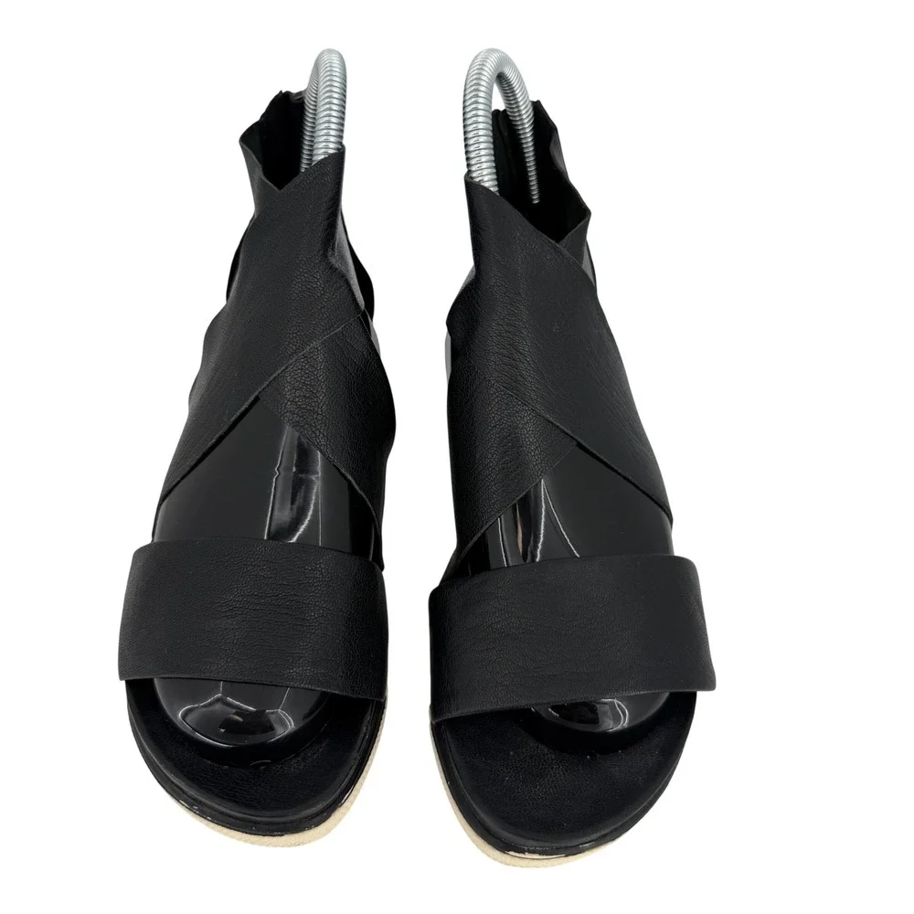 Eileen Fisher Black Leather Platform Sandals Crisscross Minimalist Luxe‎ Women 6